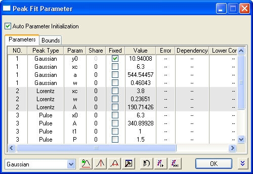 Assign Different Function for each peak in Peak Fit Parameters Dialog
